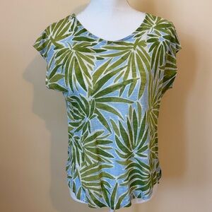 Sigrid Olsen Green Leaf Pattern 100% Linen Short Sleeve Top Sz S